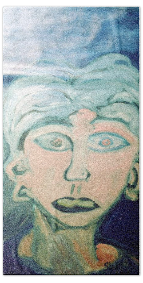 Blue Hair Beach Sheet featuring the painting Girl with Ear Rings by Shea Holliman