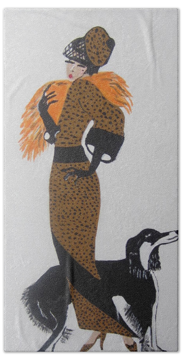 Art Deco Girlwith Orange Fur Beach Sheet featuring the painting Girl With Orange Fur by Nora Shepley