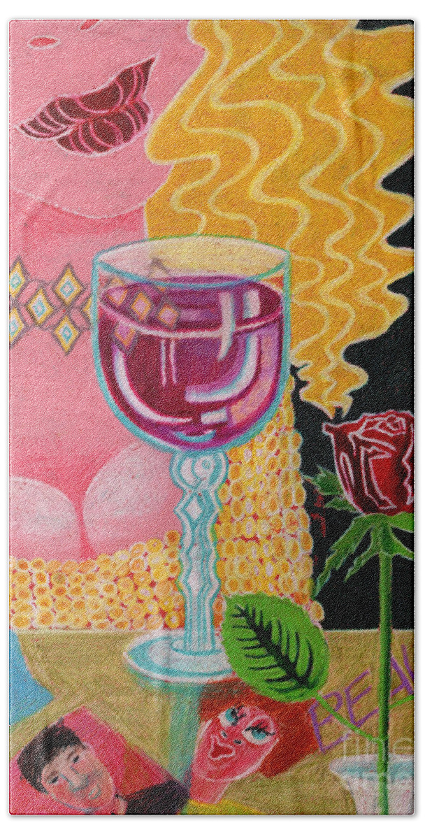 Girl Beach Towel featuring the drawing Girl With Wine Glass by Genevieve Esson