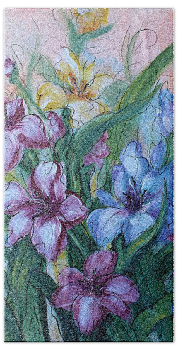 Gladiolus Beach Sheet featuring the painting Gladiolus by Natalie Holland