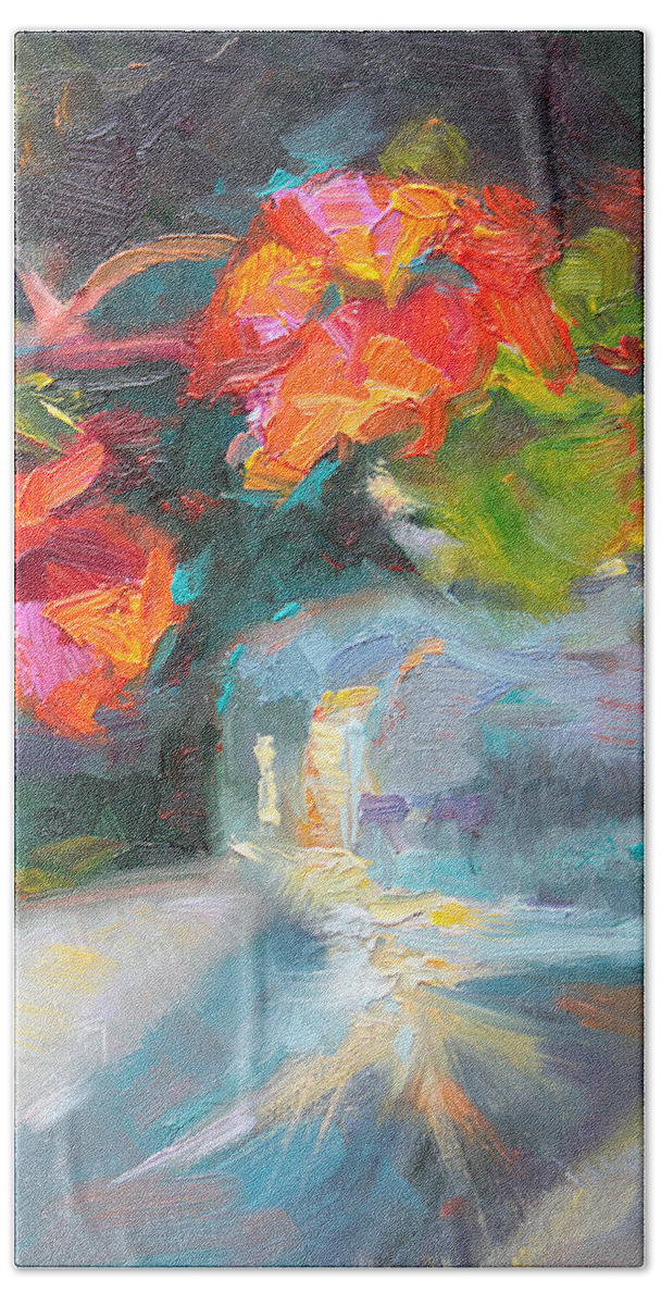 Nasturtium Beach Towel featuring the painting Gleaning Light Nasturtium Still Life by Talya Johnson