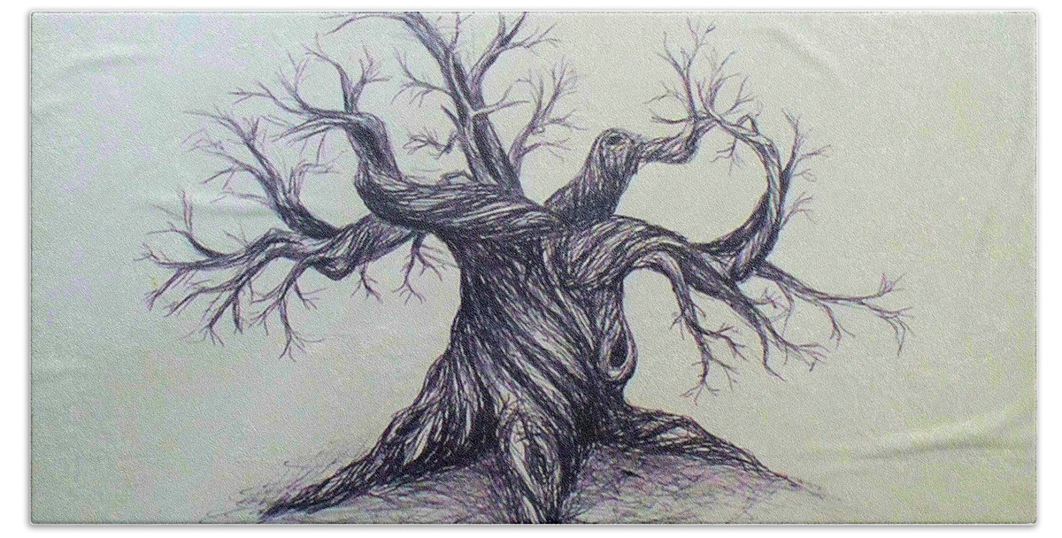 Gnarled Tree Pen Ink Paper Austin Texas Beach Towel featuring the drawing Gnarled Tree by Troy Caperton