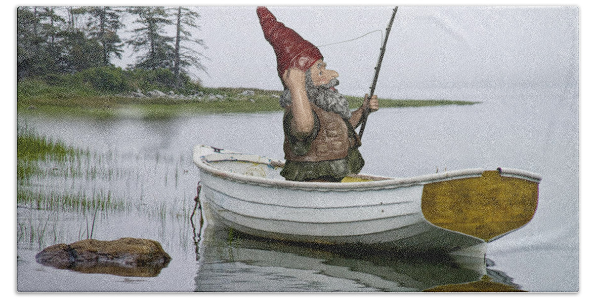 White Boat Beach Towel featuring the photograph Gnome Fisherman in a White Maine Boat on a Foggy Morning by Randall Nyhof