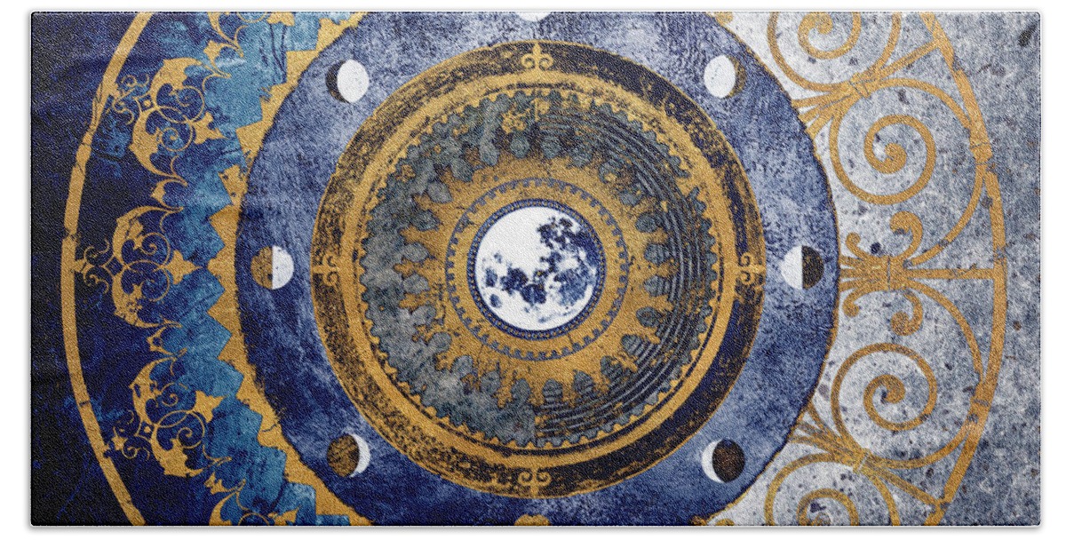 Moon Beach Towel featuring the digital art Gold And Sapphire Moon Dial I by Michael Marcon