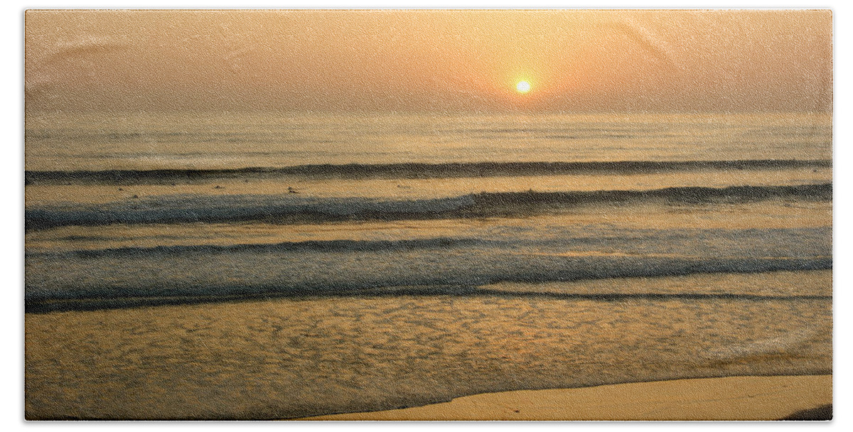 Golden California Sunset Beach Towel featuring the photograph Golden California Sunset - Ocean Waves Sun and Surfers by Georgia Mizuleva