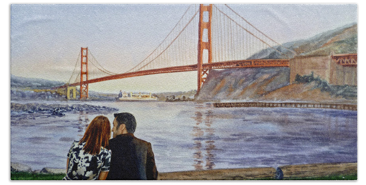 San Francisco Beach Towel featuring the painting Golden Gate Bridge San Francisco - Two Love Birds by Irina Sztukowski
