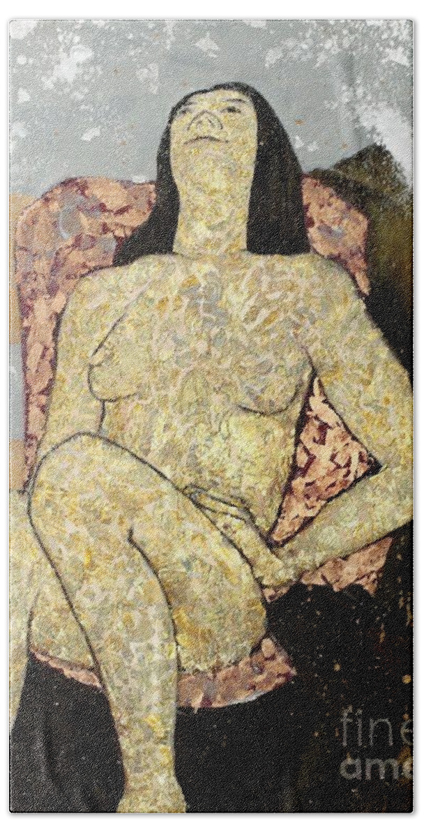 Nude Beach Towel featuring the painting Golden Girl Reclining by Cynthia Parsons