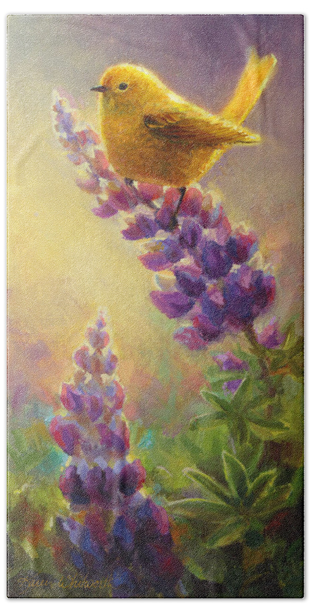 Golden Light 2 Beach Sheet featuring the painting Golden Light 2 Wilsons Warbler and Lupine by K Whitworth