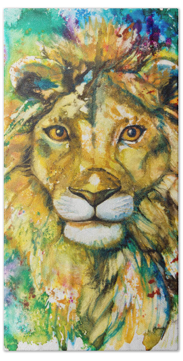 Lion Beach Towel featuring the painting Golden Lion by Patricia Allingham Carlson