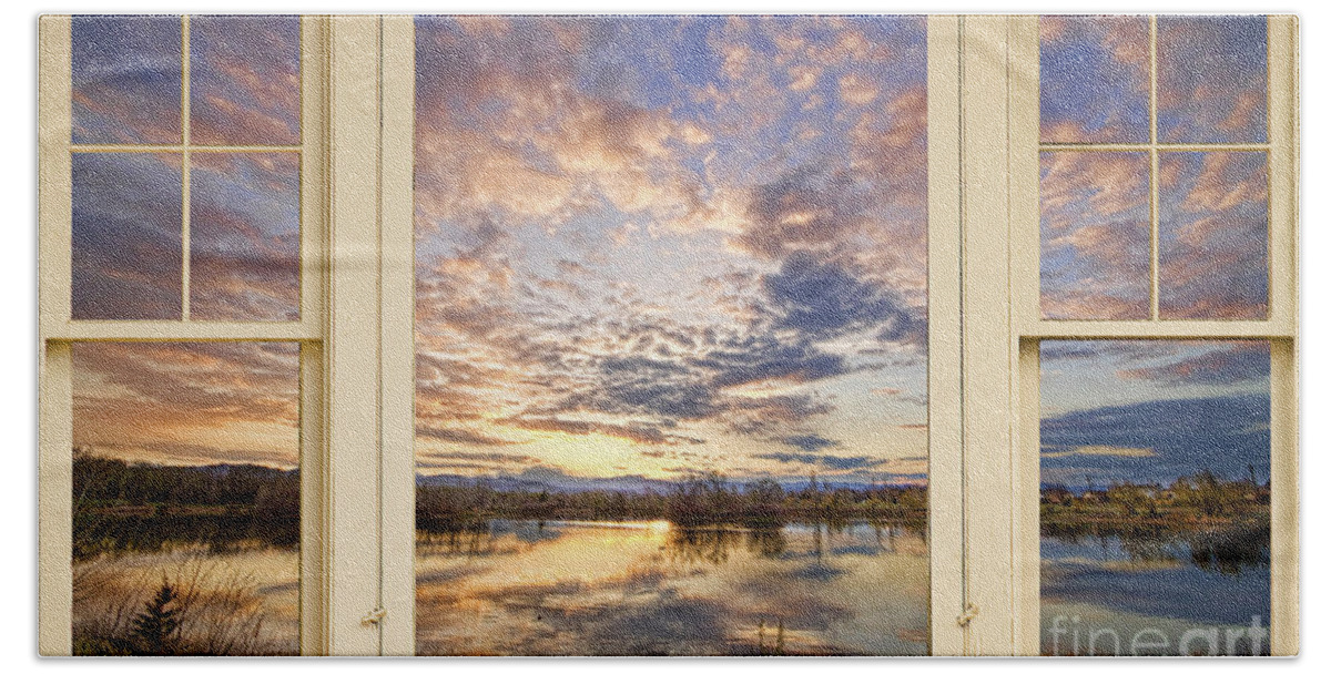 Window Beach Towel featuring the photograph Golden Ponds Scenic Sunset Reflections 4 Yellow Window View by James BO Insogna