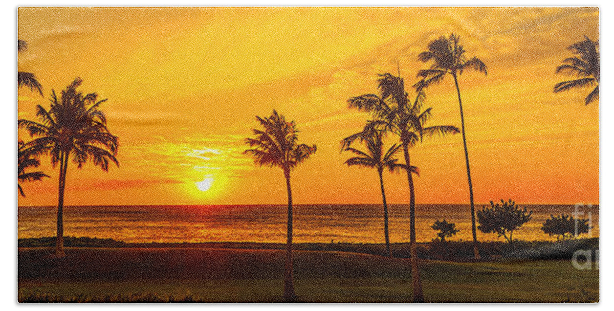 Hawaii Sunset Beach Towel featuring the photograph Golden Sunset at Ko Olina by Aloha Art