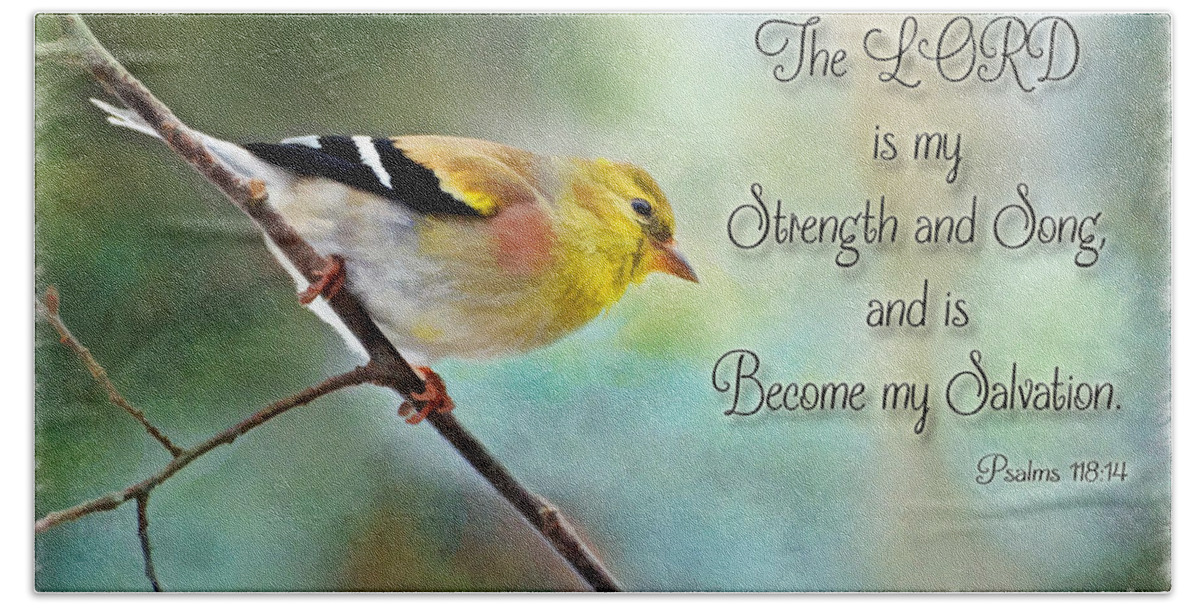 Yellow Beach Towel featuring the photograph Goldfinch with Rosy Shoulder - Digital Paint and Verse by Debbie Portwood