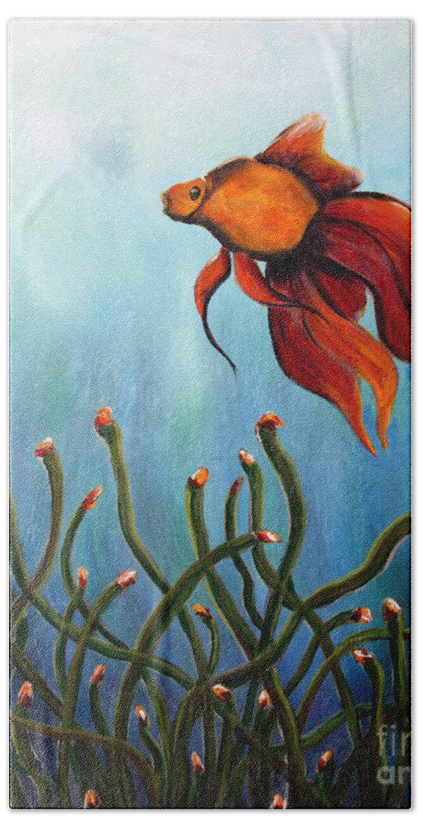 Fish Beach Towel featuring the painting Goldfish by Jolanta Anna Karolska