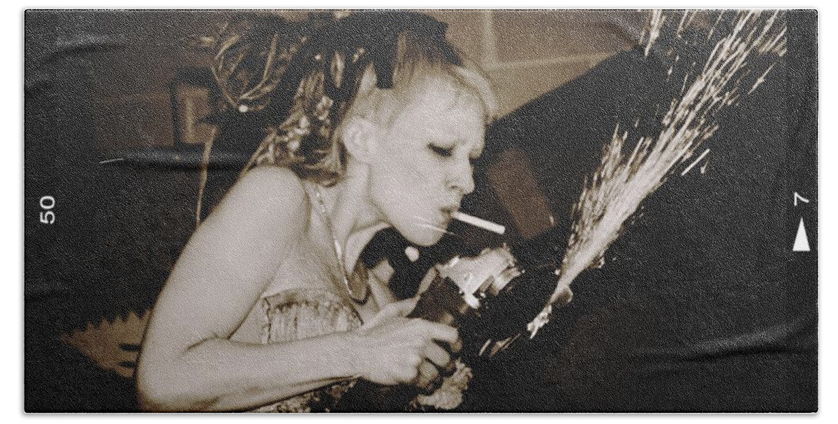 Lady Woman Smoking Freak Art Beach Towel featuring the photograph Got A Light by Alice Gipson