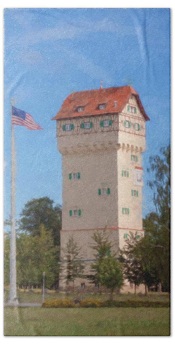 Grafenwoehr Beach Towel featuring the photograph Grafenwoehr Water Tower by Shirley Radabaugh