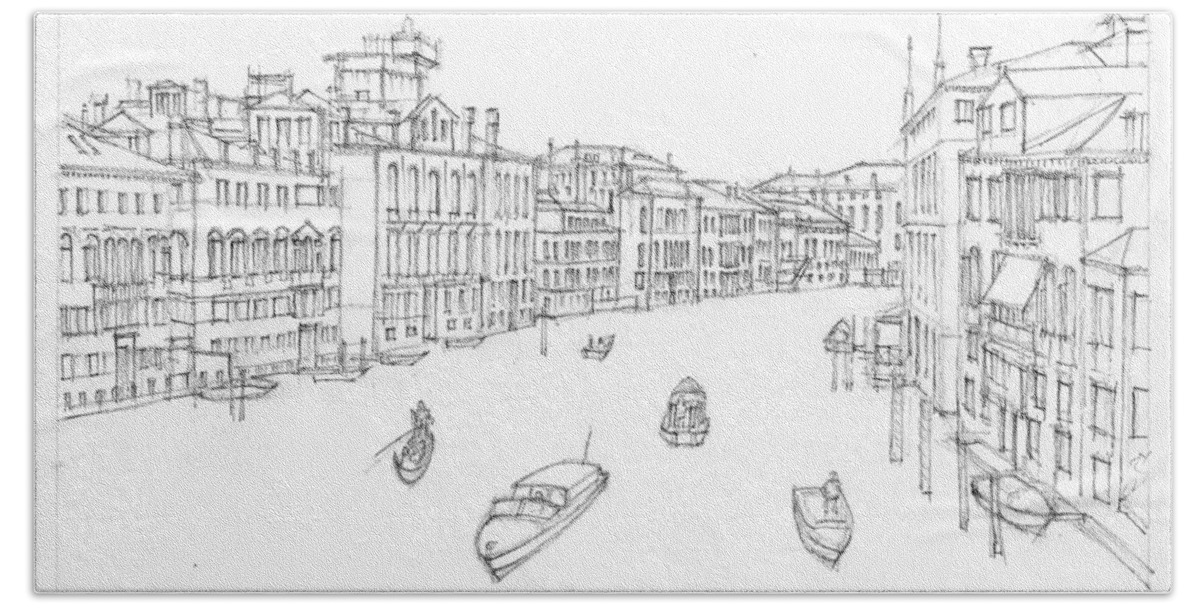 Canal Beach Towel featuring the drawing Grand Canal Venezia Ink Sketch by Dai Wynn