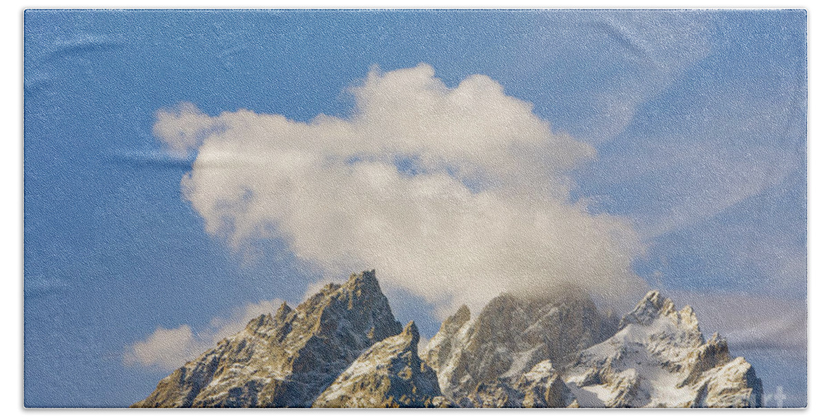 00431126 Beach Towel featuring the photograph Grand Teton Peak And Cumulus Clouds by Yva Momatiuk and John Eastcott