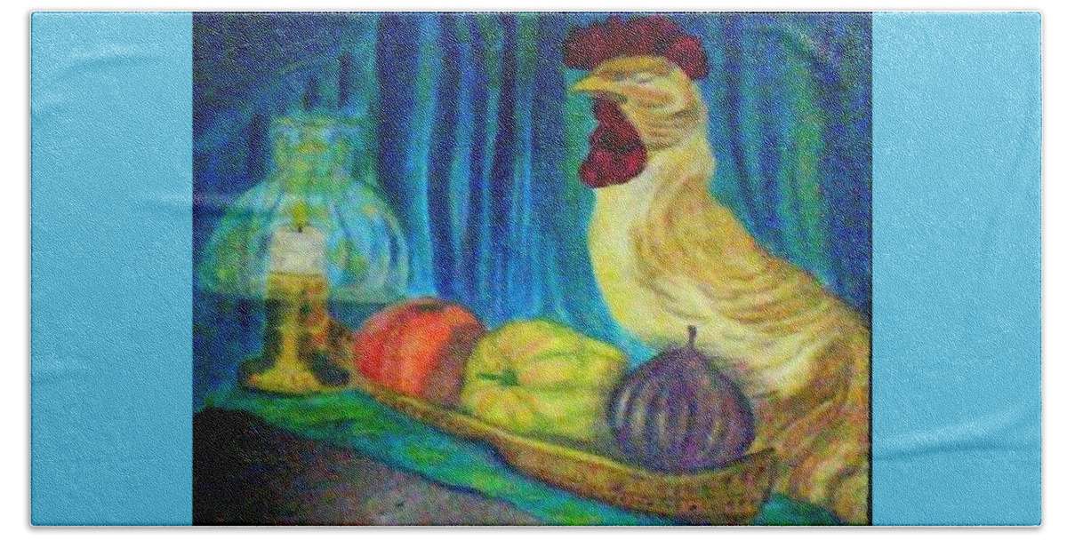 Rooster Beach Towel featuring the painting Grandma's Rooster Greeting Card by Suzanne Berthier