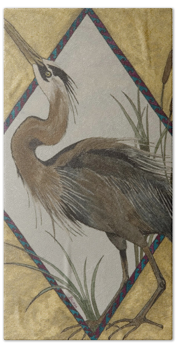 Bird Heron Marsh Cattails Watercolor Wildlife Nature Gold Beach Sheet featuring the painting Great Blue Heron by Brenda Salamone