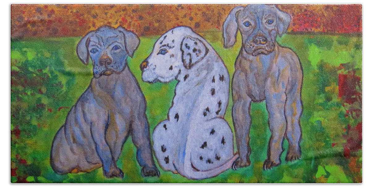 Great_dane Beach Towel featuring the painting Great Dane Pups by Ella Kaye Dickey