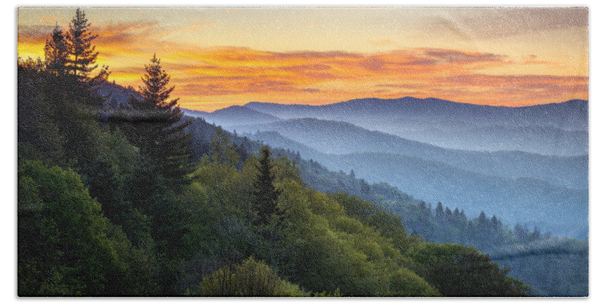 Great Smoky Mountains National Park Beach Sheet featuring the photograph Great Smoky Mountains National Park - Morning Haze at Oconaluftee by Dave Allen
