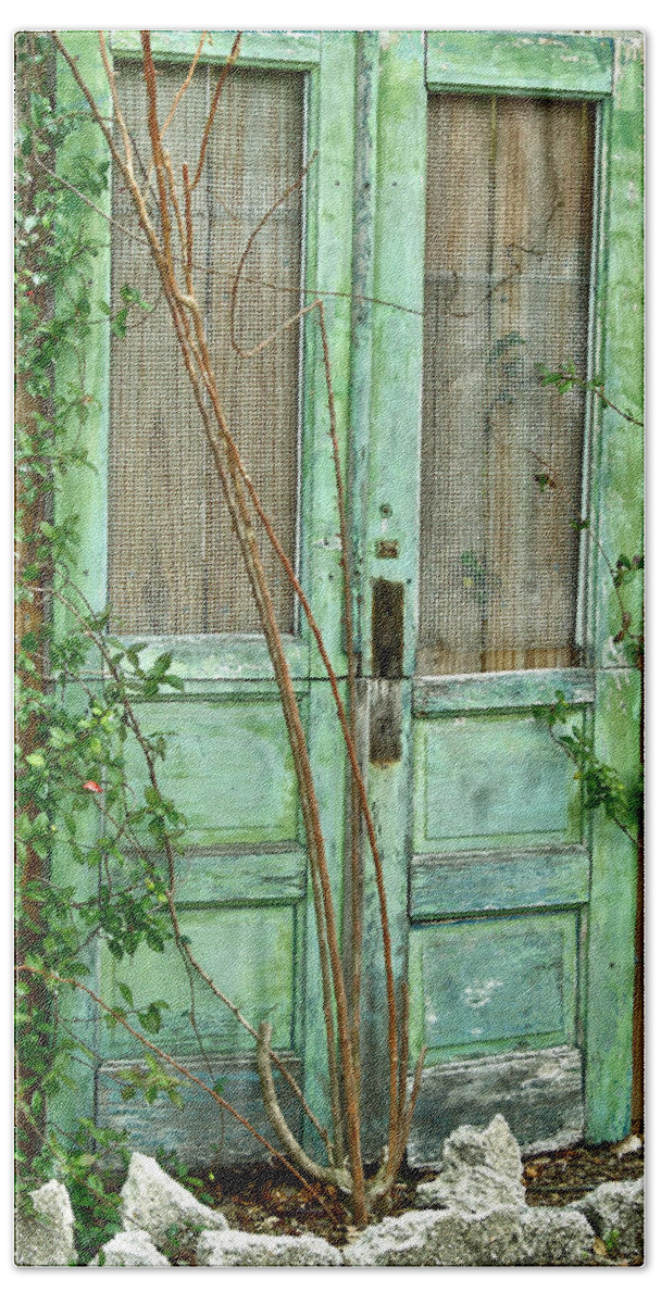 Old Doors Beach Towel featuring the photograph Green Cottage Doors by Angie Mahoney