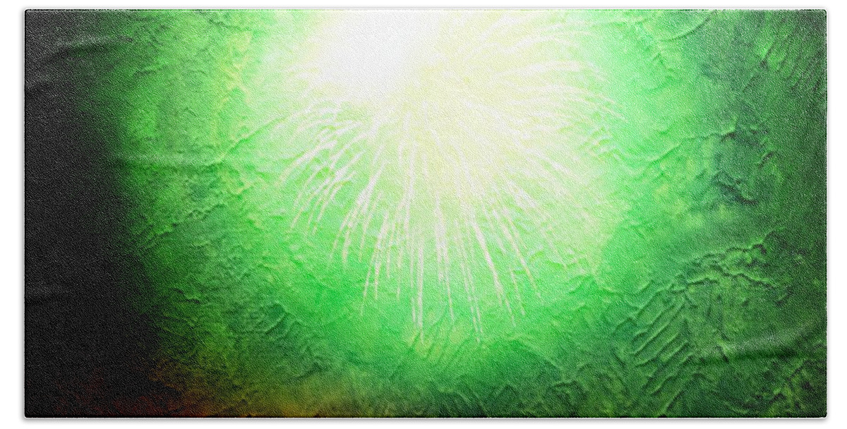 Fireworks Beach Towel featuring the photograph Green fireworks as a painting by Karl Rose