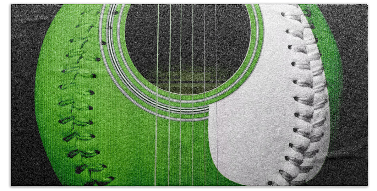 Baseball Beach Towel featuring the digital art Green Guitar Baseball White Laces Square by Andee Design