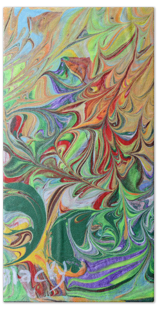Vibrant Abstract Beach Towel featuring the painting Green Paisley by Donna Blackhall
