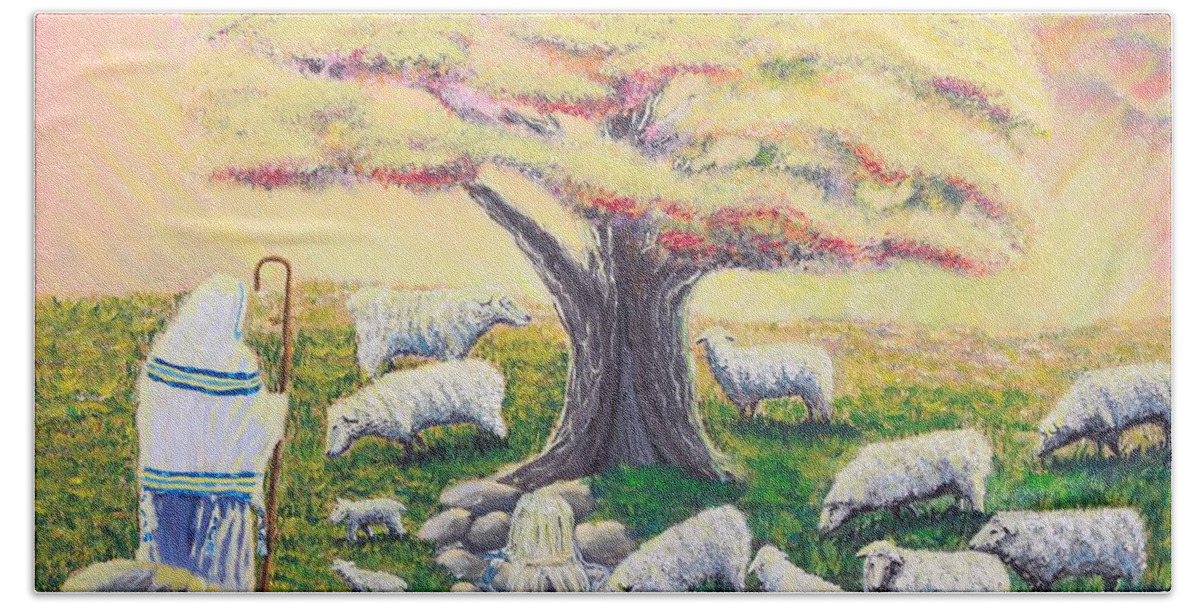  Landscape Of Jesus And Sheep Prints Tree Beach Towel featuring the painting Green Pasture by Carey MacDonald