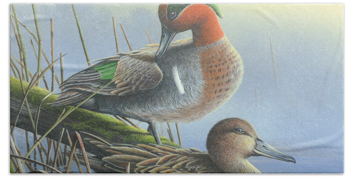 Green-winged Teal Ducks Beach Towel featuring the painting Green-Winged Teal Ducks by Mike Brown