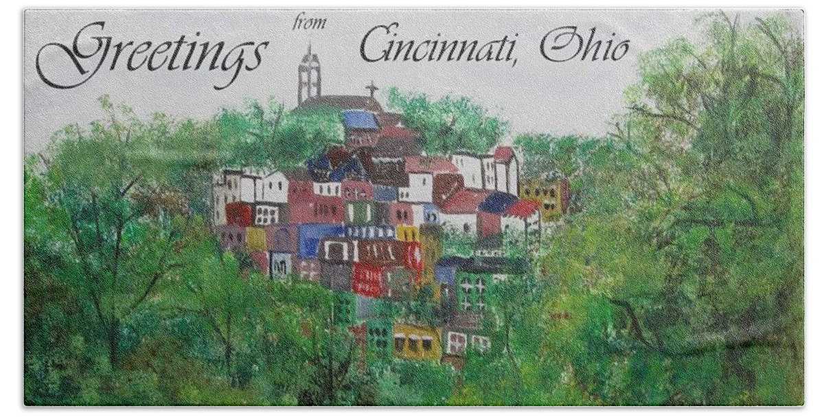 Mt. Adams Beach Towel featuring the painting Greetings from Cincinnati Ohio by Diane Pape