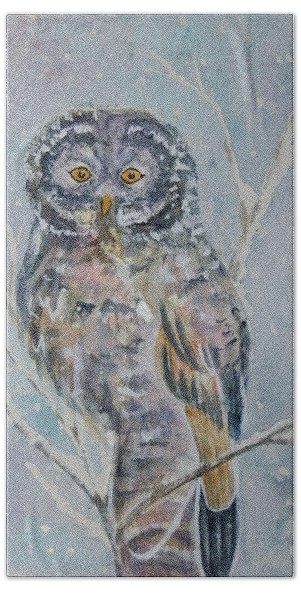 Great Gray Owl Beach Towel featuring the painting Great Gray Owl On A Snowy Day by Ellen Levinson