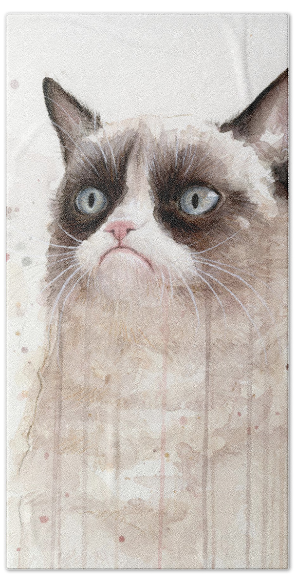 Grumpy Beach Towel featuring the painting Grumpy Watercolor Cat by Olga Shvartsur