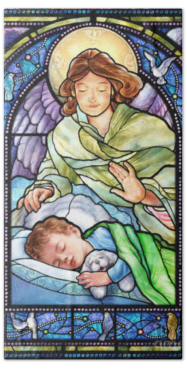 Stained Beach Sheet featuring the digital art Guardian Angel With Sleeping Boy by Randy Wollenmann