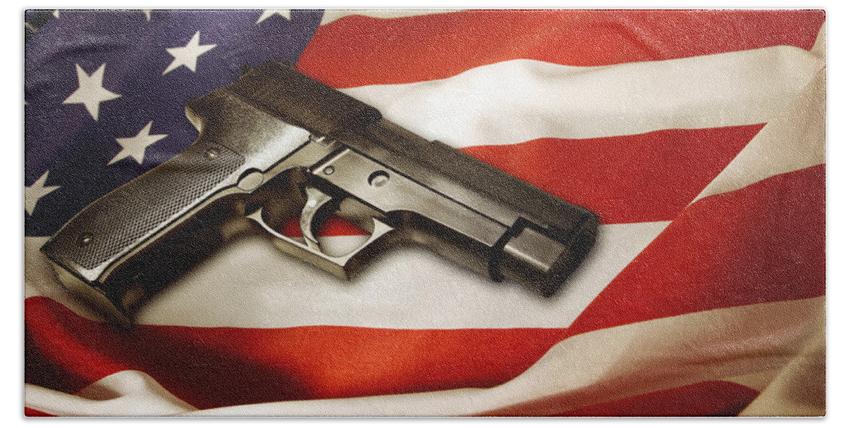 Gun Beach Sheet featuring the photograph Gun on flag by Les Cunliffe