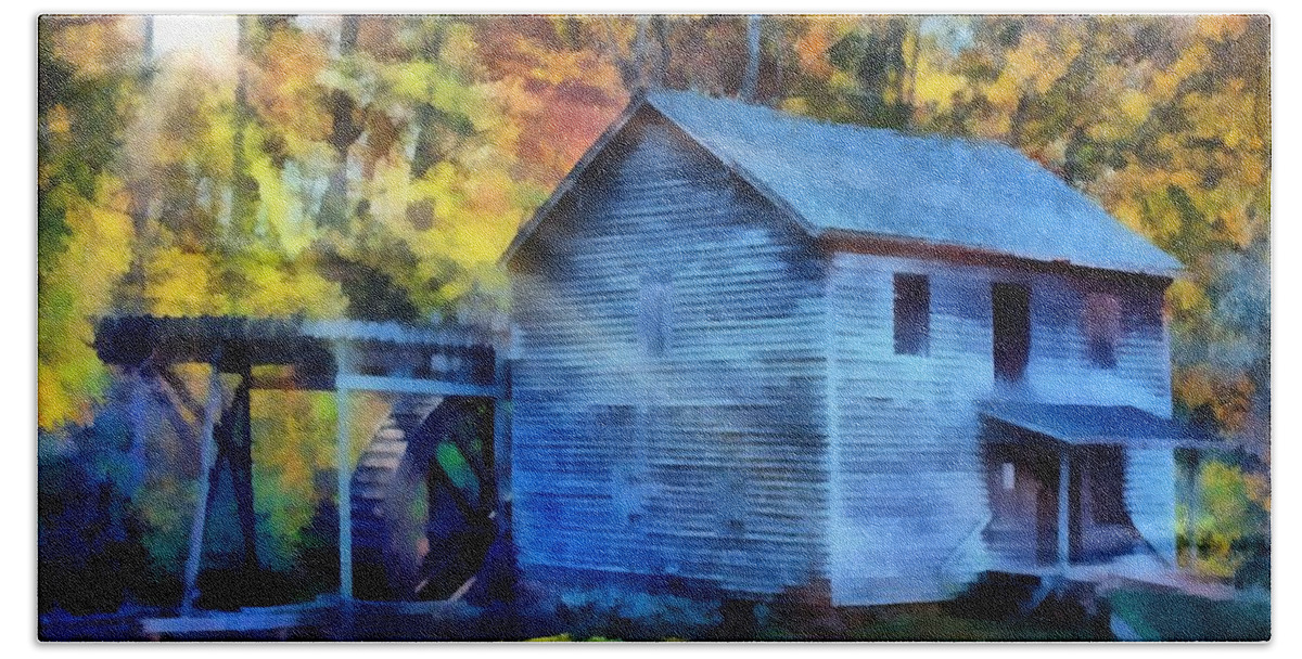 Hagood Beach Towel featuring the painting Hagood Mill with Sunrays by Lynne Jenkins