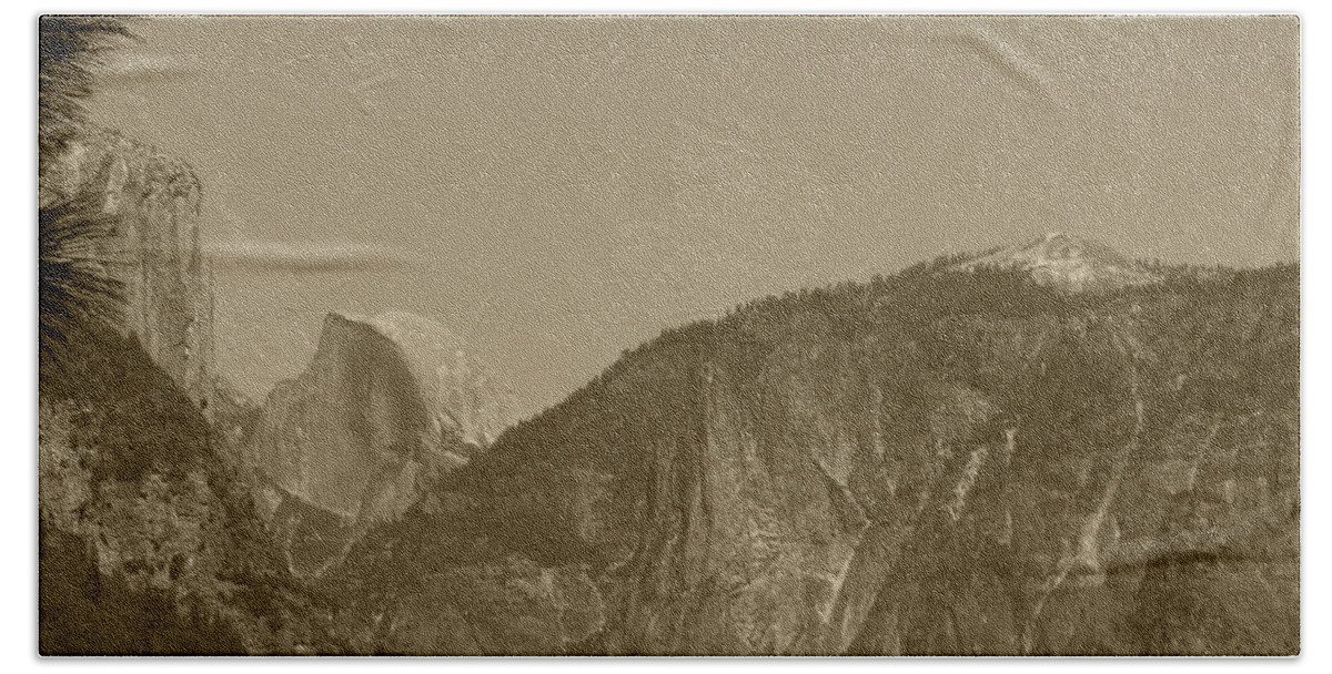 Yosemite National Park Beach Towel featuring the photograph Half Dome in Distance sepia by Mini Arora