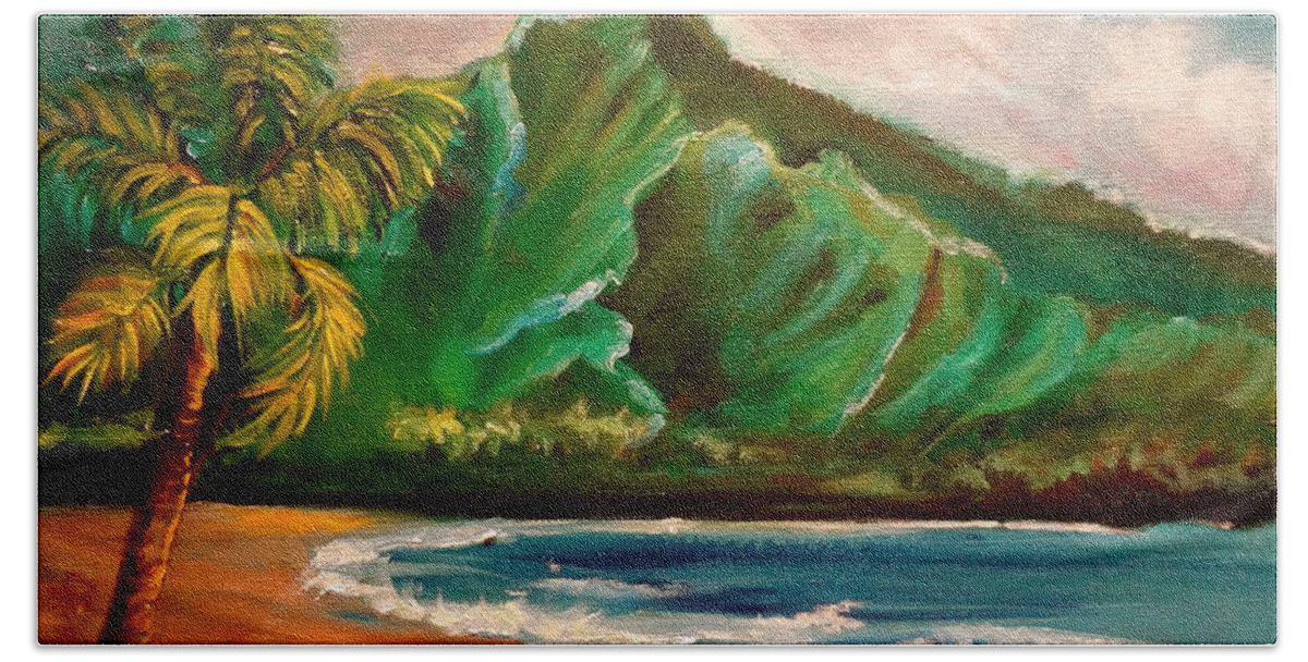 Hawaiian Scene Beach Towel featuring the painting Hanalei Bay by Jenny Lee