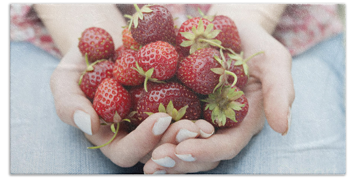 Strawberries Beach Towel featuring the photograph Hands holding fresh strawberries by Elena Elisseeva