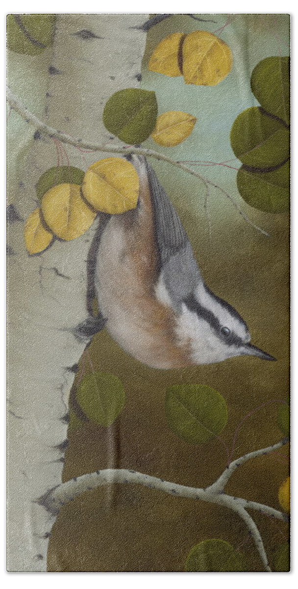 Animals Beach Towel featuring the painting Hanging Around-Red Breasted Nuthatch by Rick Bainbridge