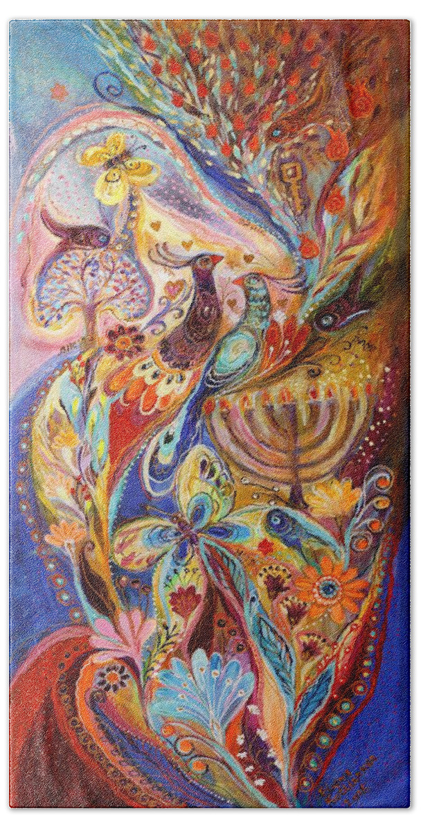 Modern Jewish Art Beach Towel featuring the painting Hanukkah in Magic Garden by Elena Kotliarker