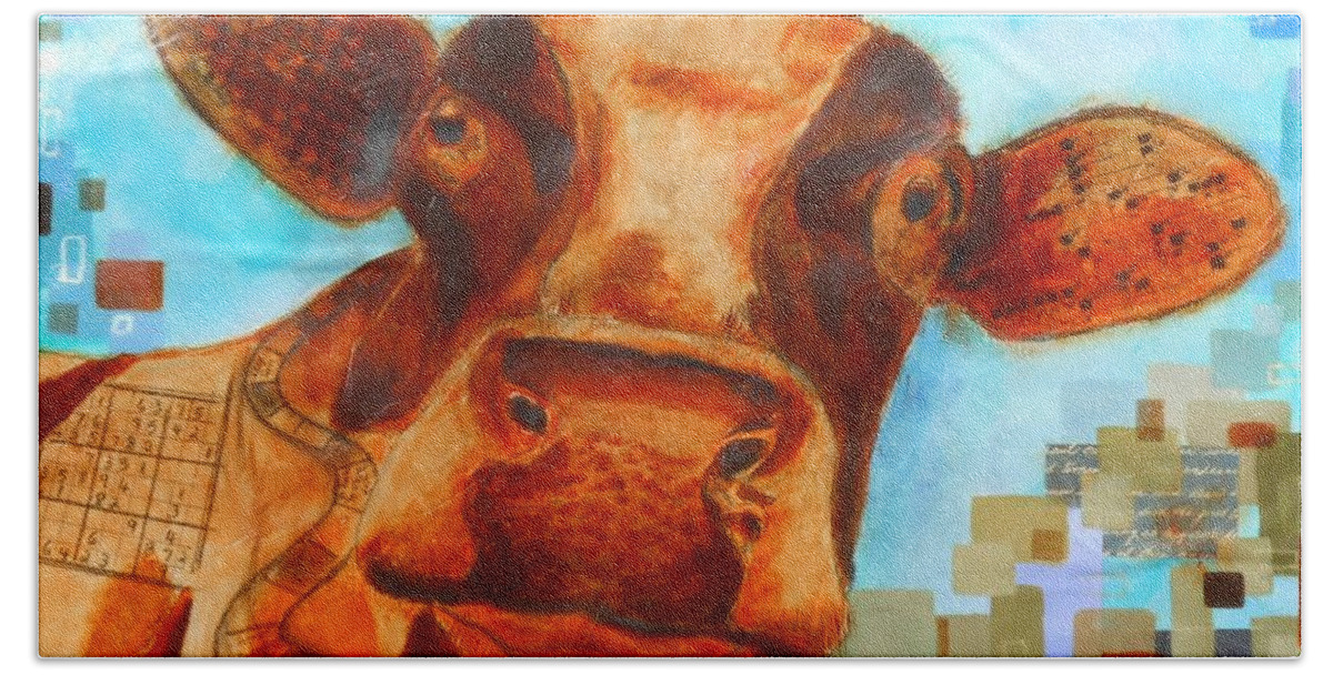 Contemporary Abstract Cow. Canvas Beach Towel featuring the painting Happy Betty by Susan Goh