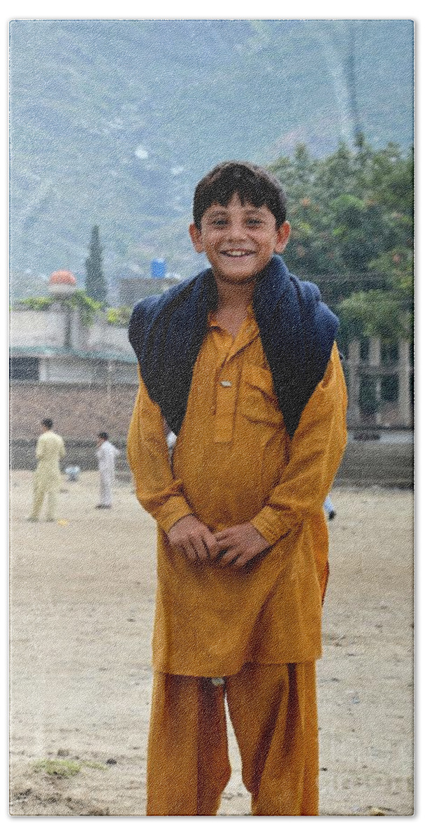 Boy Beach Sheet featuring the photograph Happy laughing Pathan boy in Swat Valley Pakistan by Imran Ahmed