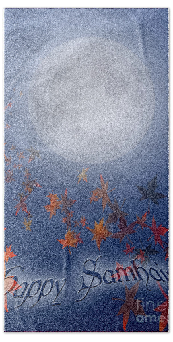 Autumn Beach Towel featuring the digital art Happy Samhain Moon and Veil by Melissa A Benson