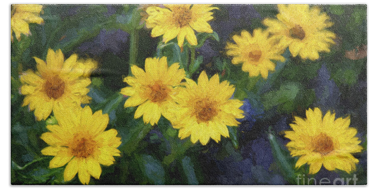 Andee Design Yellow Daisy Beach Towel featuring the photograph Happy Yellow Flowers Painterly by Andee Design