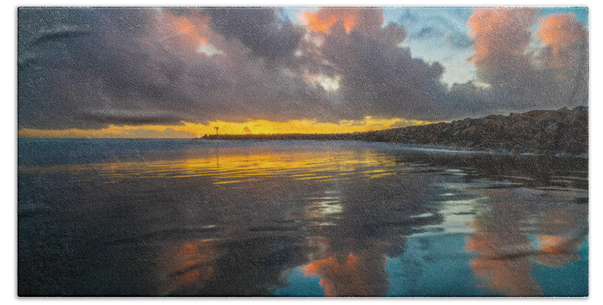 California; Long Exposure; Ocean; Reflection; San Diego; Seascape; Sunset; Surf; Clouds Beach Towel featuring the photograph Harbor Jetty Reflections by Larry Marshall