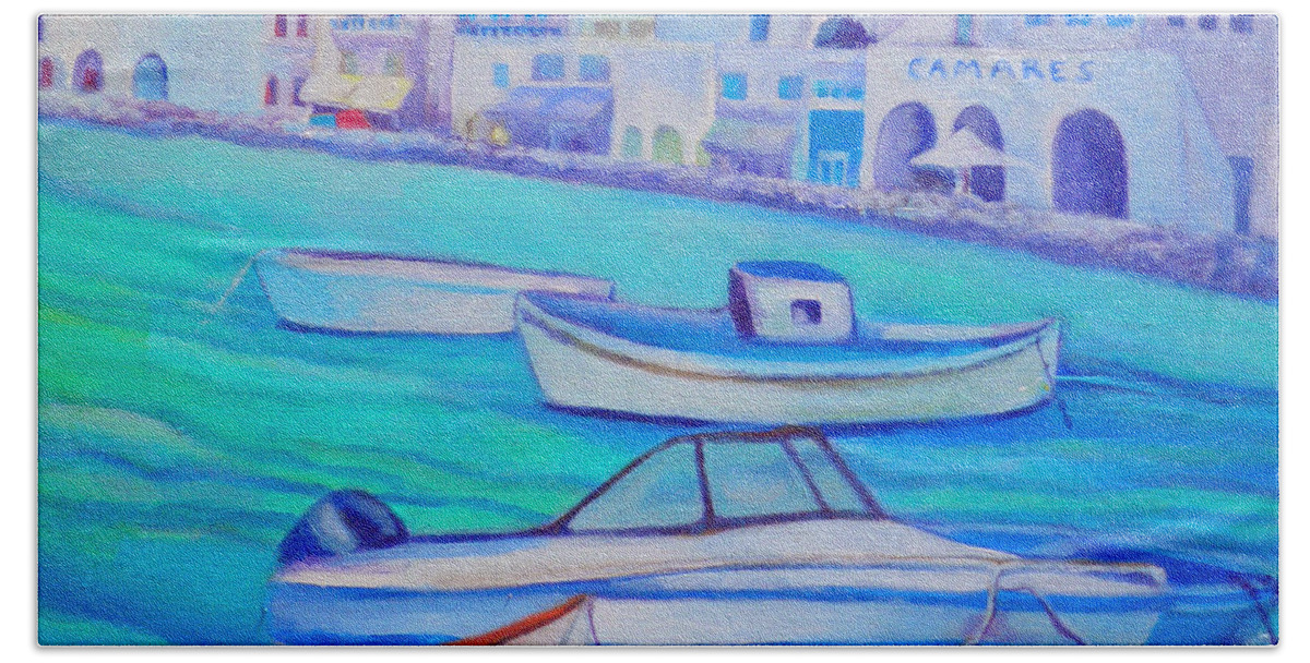 Sea Beach Sheet featuring the painting Harborfront Mykonos by Kandy Cross