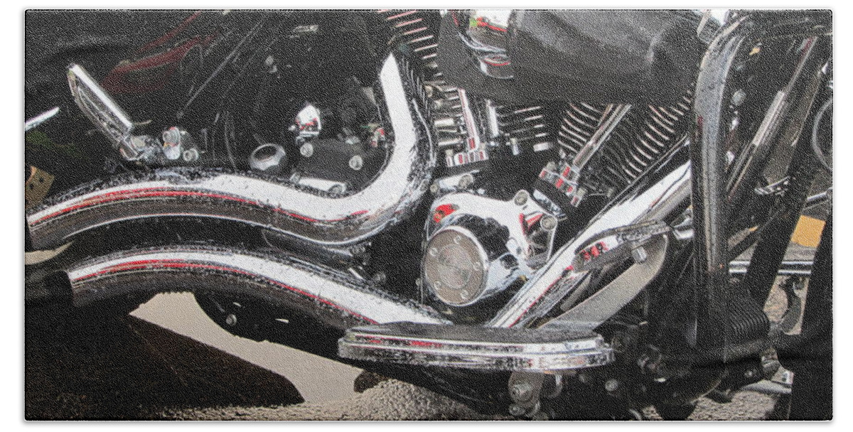 Motorcycles Beach Towel featuring the photograph Harley Engine Close-up Rain 2 by Anita Burgermeister