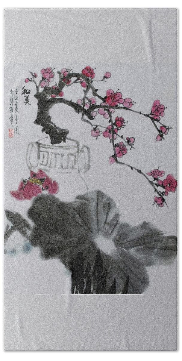 Plum Blossomy Beach Sheet featuring the photograph Harmony and Beauty by Yufeng Wang